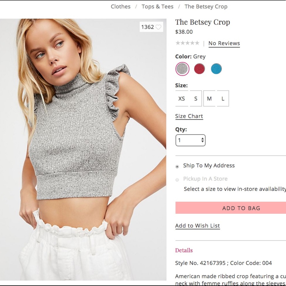 Free People Betsey Crop Top Grey Medium